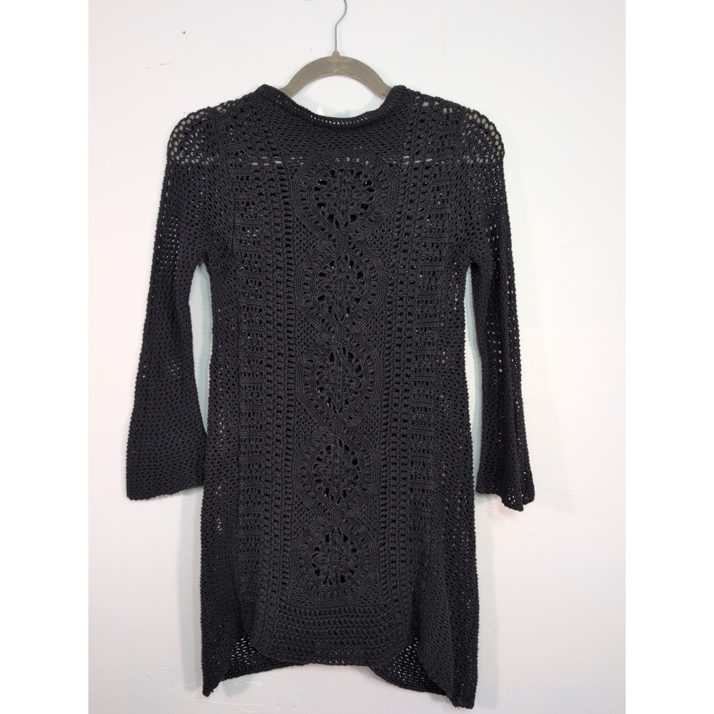Free People Women's XS‎ Black Crochet Open Knit Bell Sleeve Boho Beach Cover Up